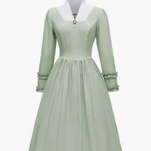 Light Green Vintage-Inspired Long Sleeve Dress with Contrast Collar